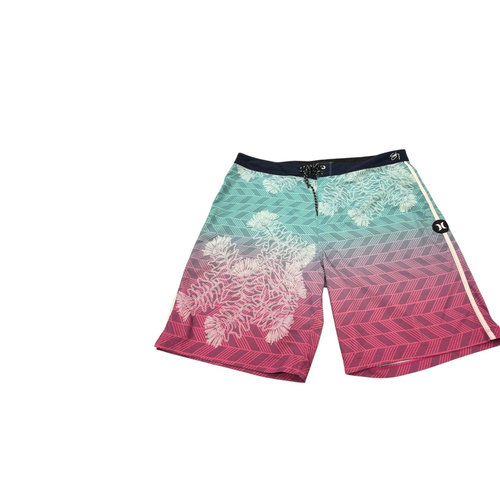 Hurley Board Shorts Mens 36 Teal Magenta Ombre Chevron Floral Surf Trunks - Picture 2 of 14